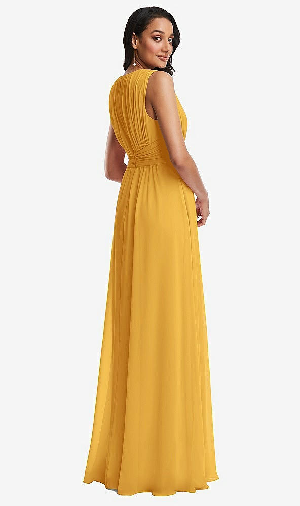 Back View - NYC Yellow Shirred Deep Plunge Neck Closed Back Chiffon Maxi Dress 