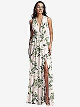 Front View Thumbnail - Palm Beach Print Shirred Deep Plunge Neck Closed Back Chiffon Maxi Dress 