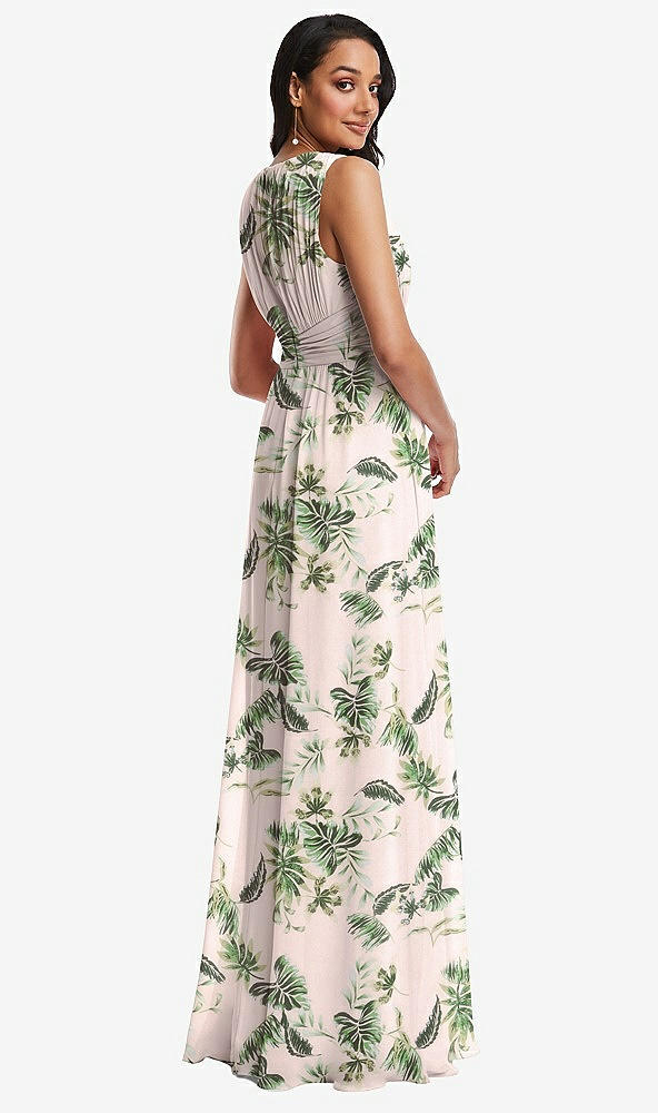 Back View - Palm Beach Print Shirred Deep Plunge Neck Closed Back Chiffon Maxi Dress 