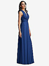 Side View Thumbnail - Classic Blue Shirred Deep Plunge Neck Closed Back Chiffon Maxi Dress 