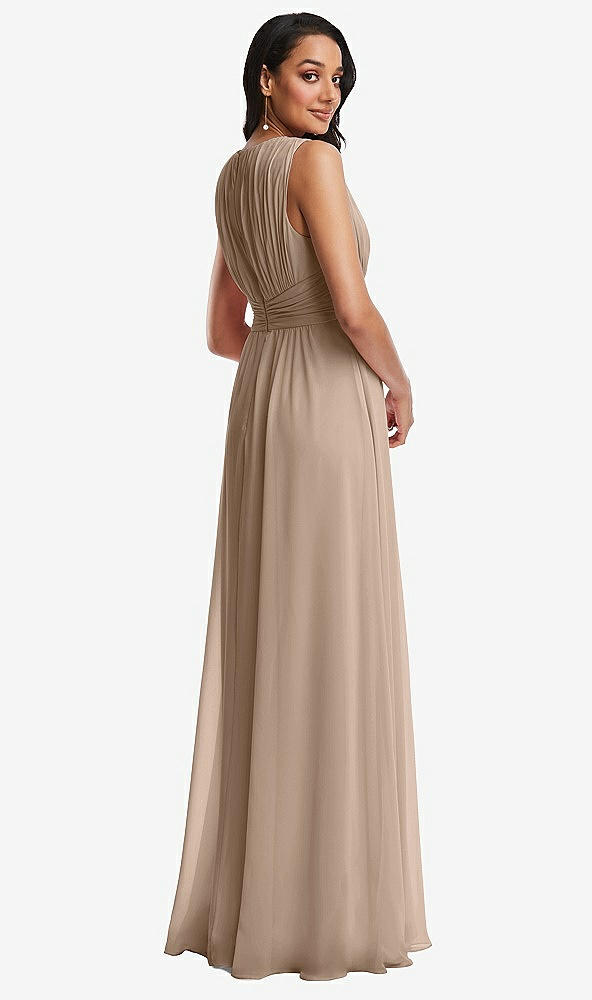 Back View - Topaz Shirred Deep Plunge Neck Closed Back Chiffon Maxi Dress 