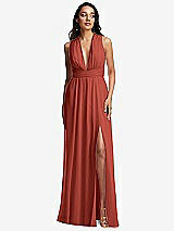 Front View Thumbnail - Amber Sunset Shirred Deep Plunge Neck Closed Back Chiffon Maxi Dress 