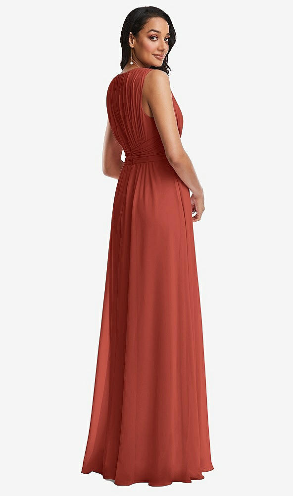 Back View - Amber Sunset Shirred Deep Plunge Neck Closed Back Chiffon Maxi Dress 