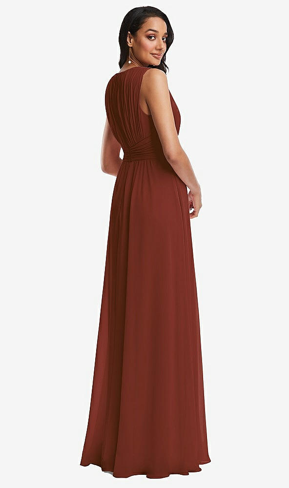 Back View - Auburn Moon Shirred Deep Plunge Neck Closed Back Chiffon Maxi Dress 