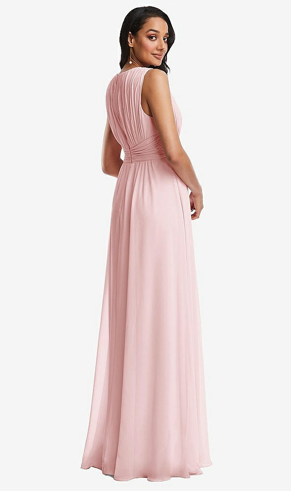 Back View - Ballet Pink Shirred Deep Plunge Neck Closed Back Chiffon Maxi Dress 