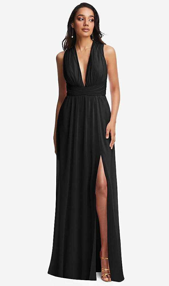 Front View - Black Shirred Deep Plunge Neck Closed Back Chiffon Maxi Dress 