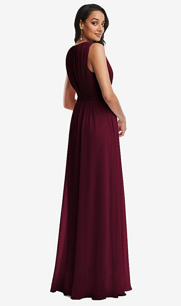 Back View - Cabernet Shirred Deep Plunge Neck Closed Back Chiffon Maxi Dress 