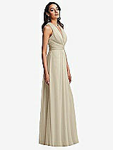 Side View Thumbnail - Champagne Shirred Deep Plunge Neck Closed Back Chiffon Maxi Dress 