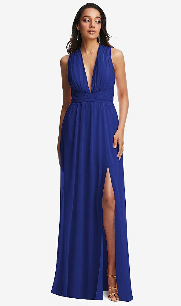 Front View - Cobalt Blue Shirred Deep Plunge Neck Closed Back Chiffon Maxi Dress 