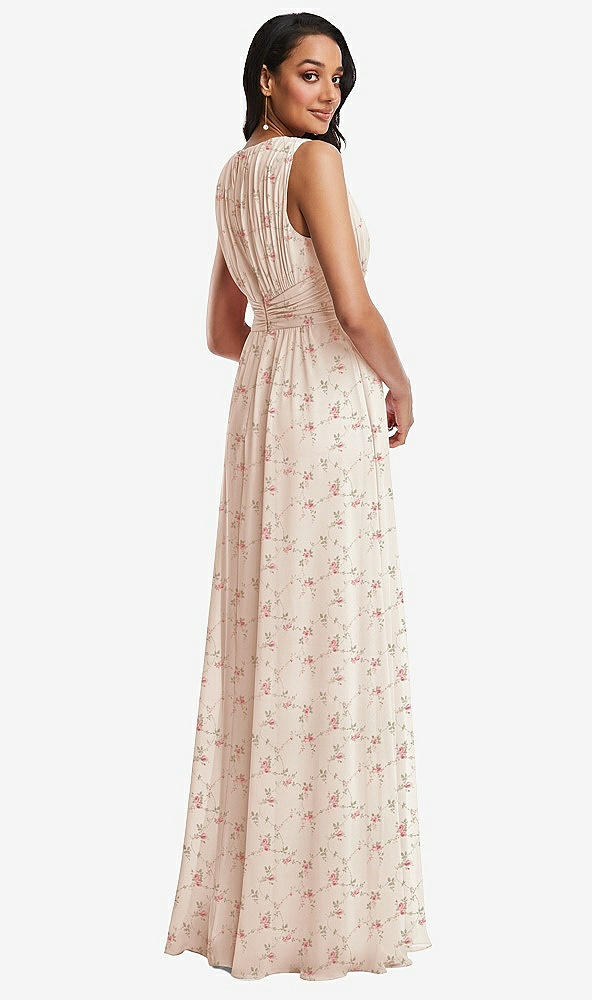 Back View - Coquette Floral Print Shirred Deep Plunge Neck Closed Back Chiffon Maxi Dress 