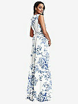 Rear View Thumbnail - Cottage Rose Dusk Blue Shirred Deep Plunge Neck Closed Back Chiffon Maxi Dress 