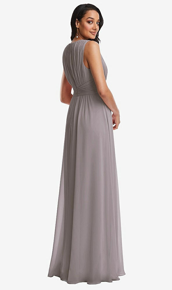 Back View - Cashmere Gray Shirred Deep Plunge Neck Closed Back Chiffon Maxi Dress 