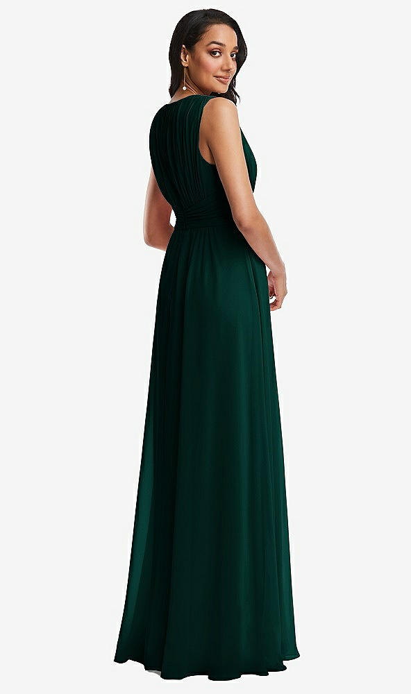 Back View - Evergreen Shirred Deep Plunge Neck Closed Back Chiffon Maxi Dress 