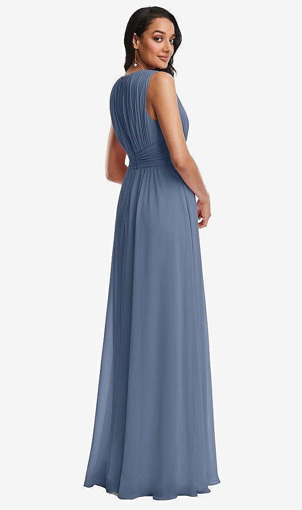 Back View - Larkspur Blue Shirred Deep Plunge Neck Closed Back Chiffon Maxi Dress 