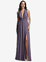 Front View Thumbnail - Lavender Shirred Deep Plunge Neck Closed Back Chiffon Maxi Dress 