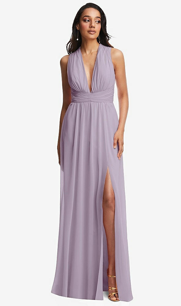 Front View - Lilac Haze Shirred Deep Plunge Neck Closed Back Chiffon Maxi Dress 