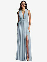 Front View Thumbnail - Mist Shirred Deep Plunge Neck Closed Back Chiffon Maxi Dress 