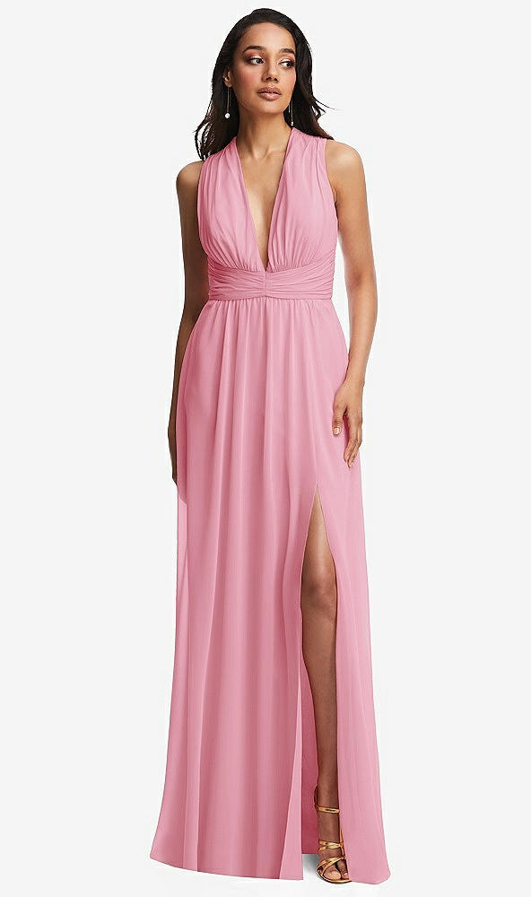 Front View - Peony Pink Shirred Deep Plunge Neck Closed Back Chiffon Maxi Dress 