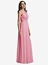 Side View Thumbnail - Peony Pink Shirred Deep Plunge Neck Closed Back Chiffon Maxi Dress 