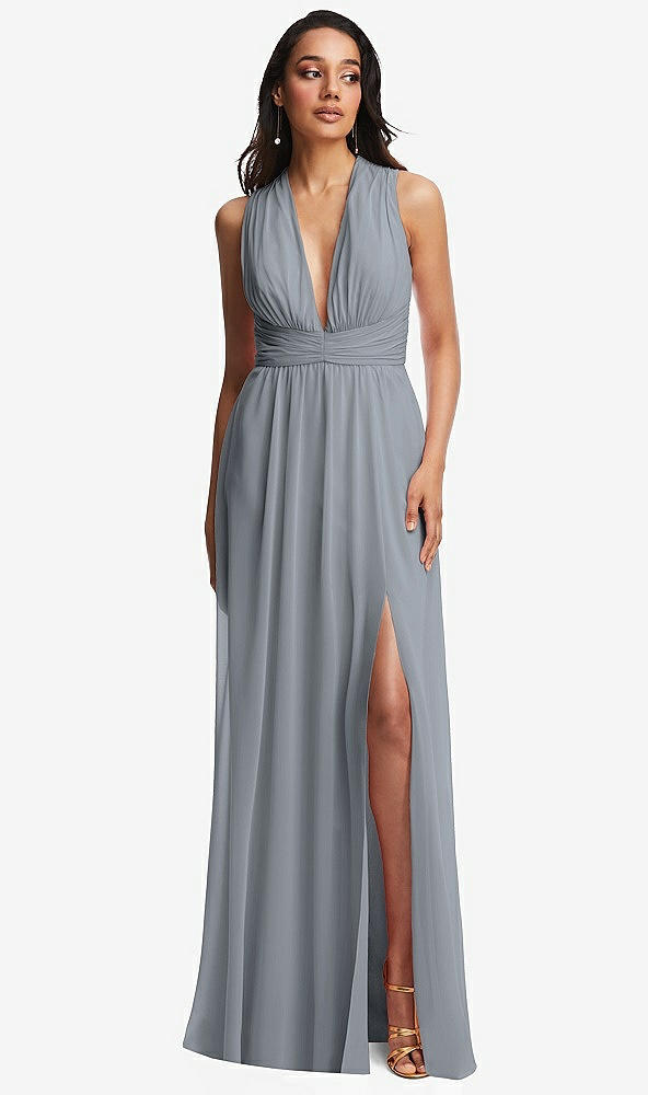 Front View - Platinum Shirred Deep Plunge Neck Closed Back Chiffon Maxi Dress 