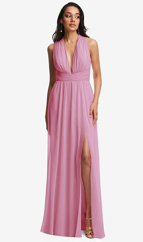 Front View - Powder Pink Shirred Deep Plunge Neck Closed Back Chiffon Maxi Dress 