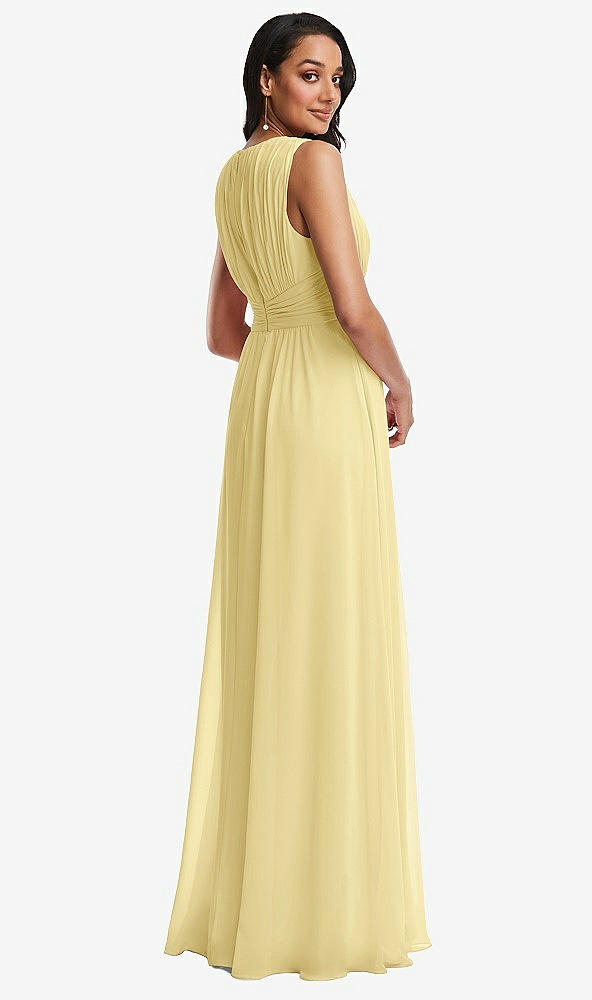 Back View - Pale Yellow Shirred Deep Plunge Neck Closed Back Chiffon Maxi Dress 