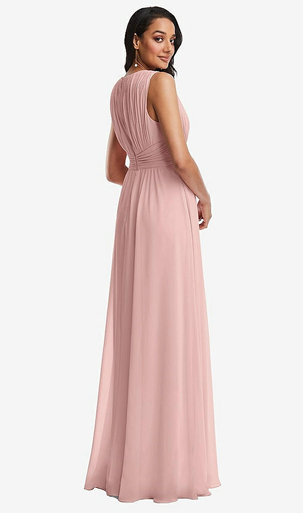 Back View - Rose - PANTONE Rose Quartz Shirred Deep Plunge Neck Closed Back Chiffon Maxi Dress 