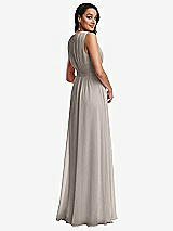 Rear View Thumbnail - Taupe Shirred Deep Plunge Neck Closed Back Chiffon Maxi Dress 