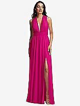 Front View Thumbnail - Think Pink Shirred Deep Plunge Neck Closed Back Chiffon Maxi Dress 