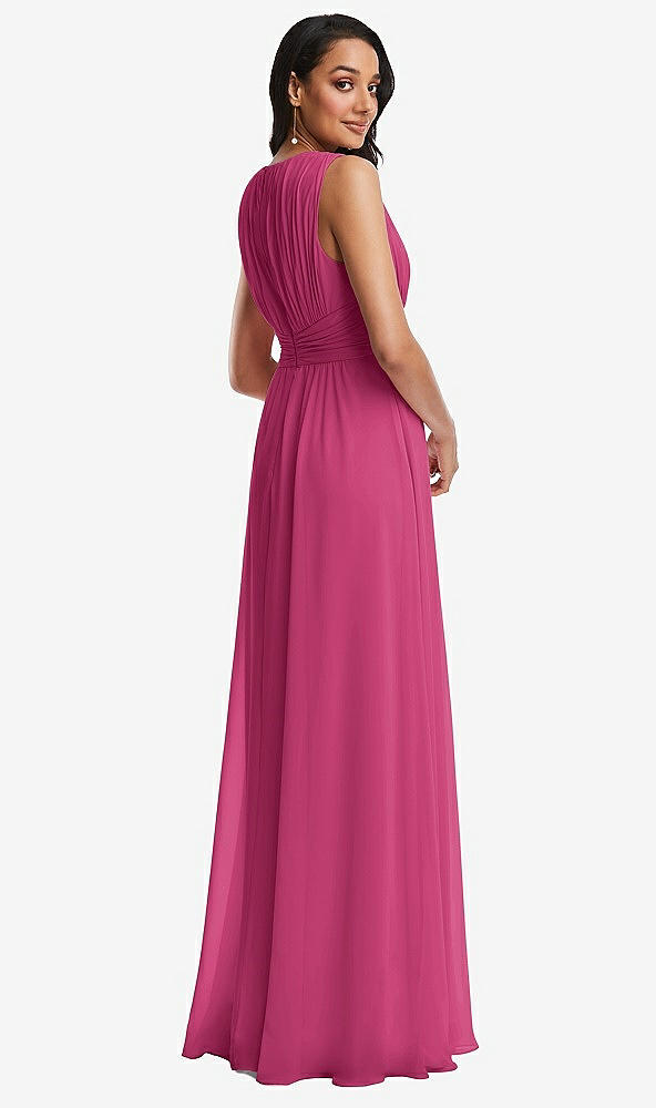 Back View - Tea Rose Shirred Deep Plunge Neck Closed Back Chiffon Maxi Dress 