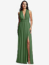 Front View Thumbnail - Vineyard Green Shirred Deep Plunge Neck Closed Back Chiffon Maxi Dress 