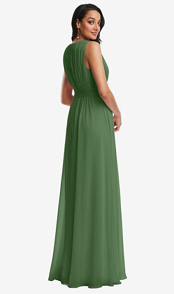 Back View - Vineyard Green Shirred Deep Plunge Neck Closed Back Chiffon Maxi Dress 