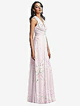 Side View Thumbnail - Watercolor Print Shirred Deep Plunge Neck Closed Back Chiffon Maxi Dress 