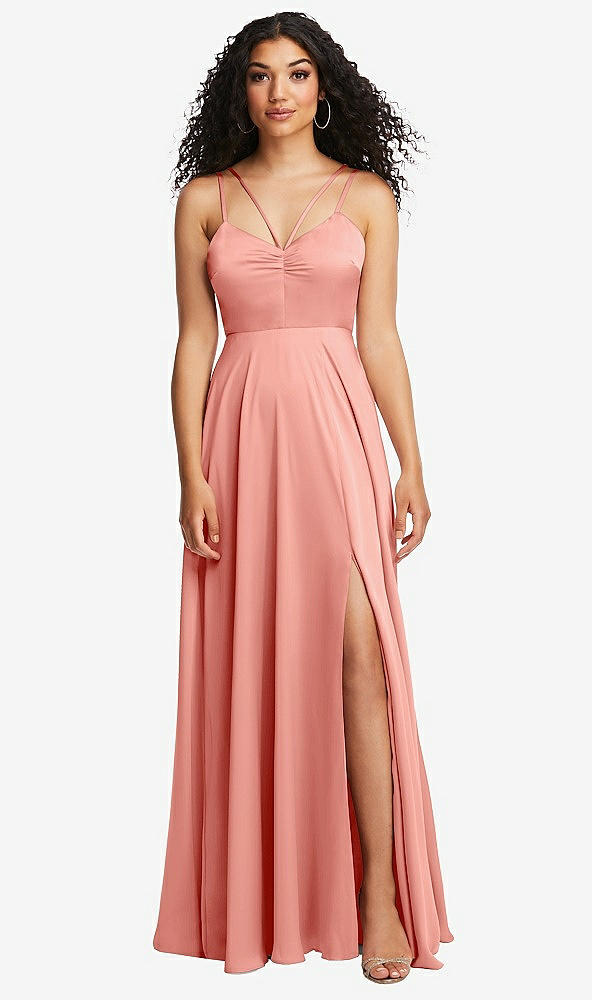 Front View - Rose - PANTONE Rose Quartz Dual Strap V-Neck Lace-Up Open-Back Maxi Dress