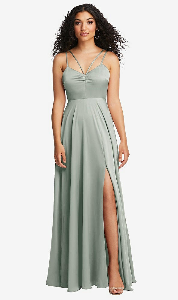 Front View - Willow Green Dual Strap V-Neck Lace-Up Open-Back Maxi Dress