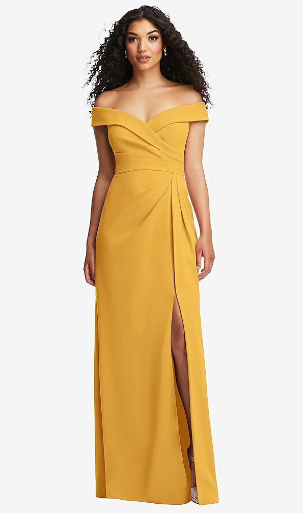 Front View - NYC Yellow Cuffed Off-the-Shoulder Pleated Faux Wrap Maxi Dress