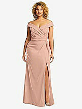 Alt View 1 Thumbnail - Pale Peach Cuffed Off-the-Shoulder Pleated Faux Wrap Maxi Dress