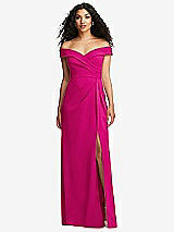 Front View Thumbnail - Think Pink Cuffed Off-the-Shoulder Pleated Faux Wrap Maxi Dress