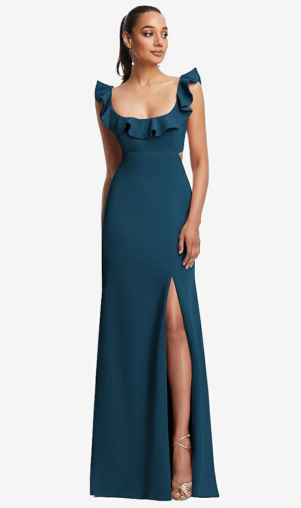 Front View - Atlantic Blue Ruffle-Trimmed Neckline Cutout Tie-Back Trumpet Gown