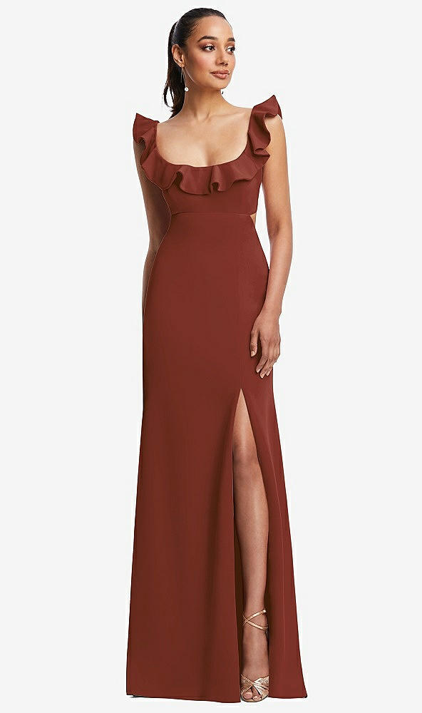 Front View - Auburn Moon Ruffle-Trimmed Neckline Cutout Tie-Back Trumpet Gown