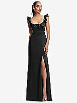 Front View Thumbnail - Black Ruffle-Trimmed Neckline Cutout Tie-Back Trumpet Gown