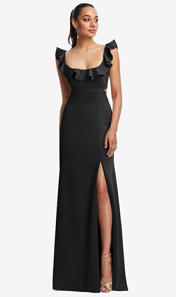 Front View - Black Ruffle-Trimmed Neckline Cutout Tie-Back Trumpet Gown