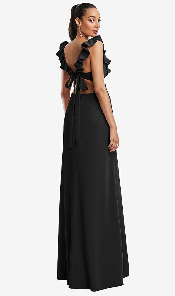 Back View - Black Ruffle-Trimmed Neckline Cutout Tie-Back Trumpet Gown