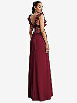 Rear View Thumbnail - Burgundy Ruffle-Trimmed Neckline Cutout Tie-Back Trumpet Gown