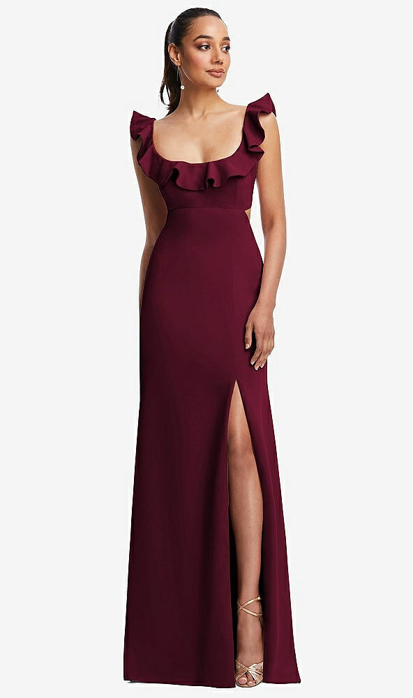 Front View - Cabernet Ruffle-Trimmed Neckline Cutout Tie-Back Trumpet Gown