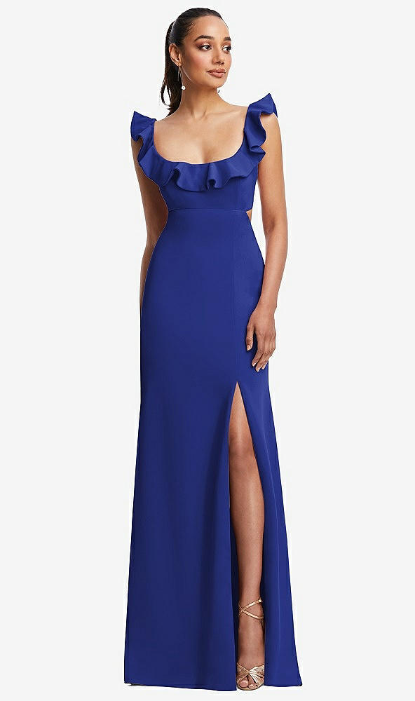 Front View - Cobalt Blue Ruffle-Trimmed Neckline Cutout Tie-Back Trumpet Gown