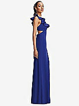 Side View Thumbnail - Cobalt Blue Ruffle-Trimmed Neckline Cutout Tie-Back Trumpet Gown