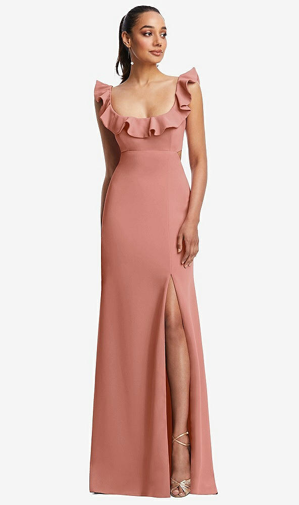 Front View - Desert Rose Ruffle-Trimmed Neckline Cutout Tie-Back Trumpet Gown