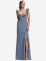 Front View Thumbnail - Larkspur Blue Ruffle-Trimmed Neckline Cutout Tie-Back Trumpet Gown