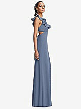 Side View Thumbnail - Larkspur Blue Ruffle-Trimmed Neckline Cutout Tie-Back Trumpet Gown